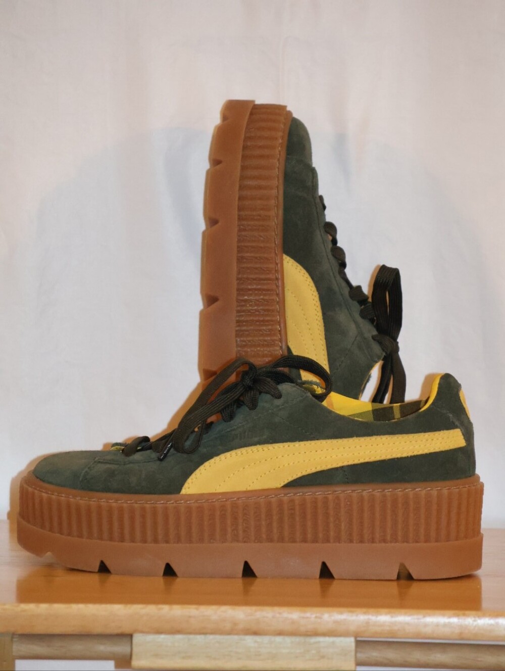 Puma FENTY by Rihanna Green & Yellow Cleated Creeper Suede Platform Sneakers. - Picture 14 of 16